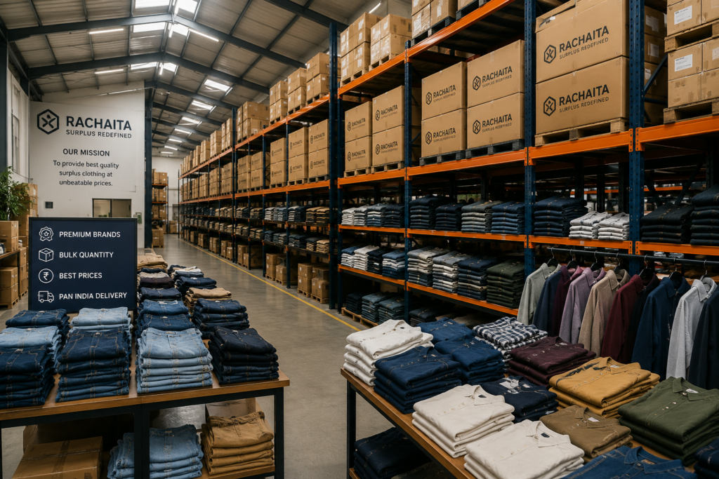 Premium branded garment stocklot warehouse with export surplus clothing available for wholesale buyers in India