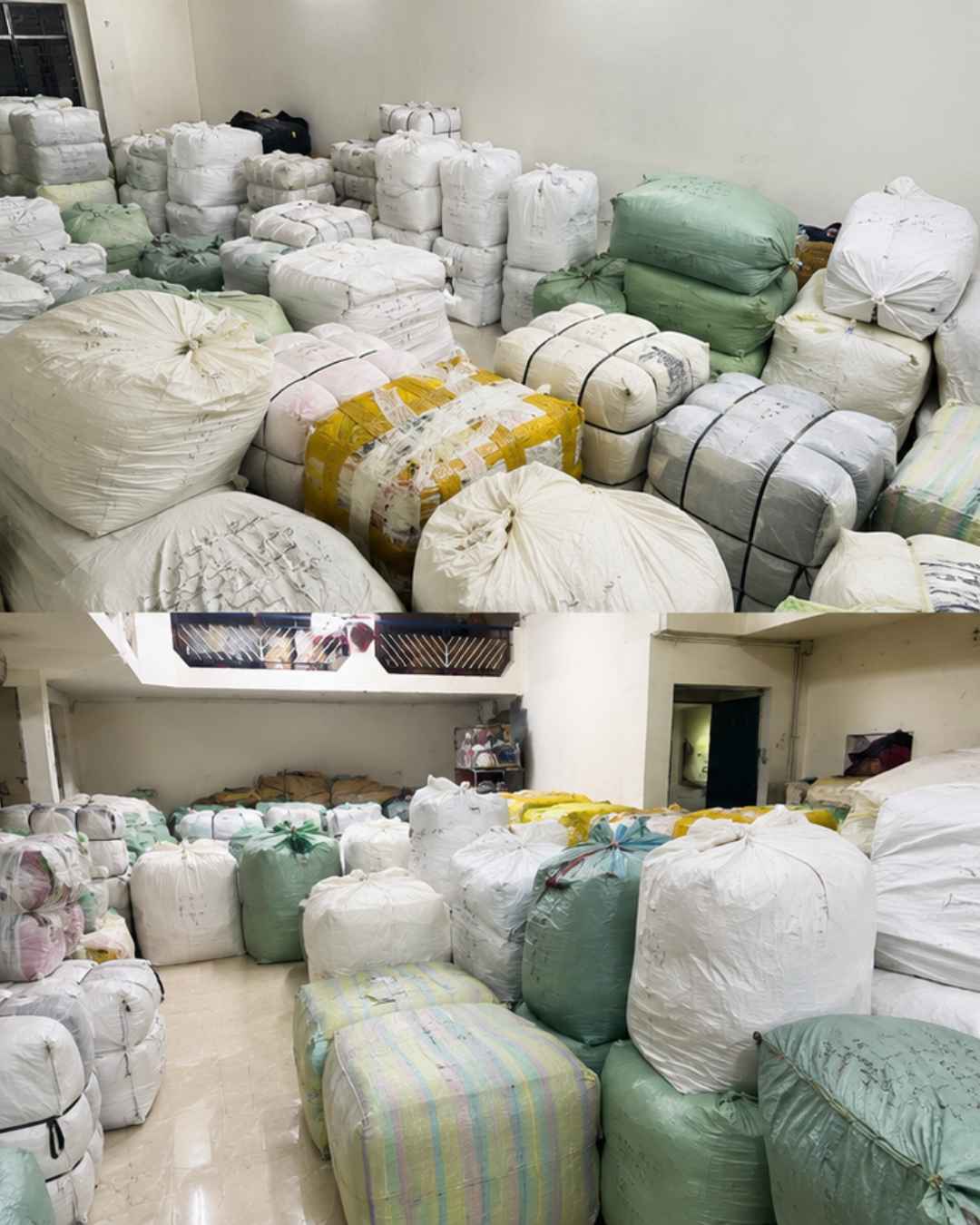 Bulk stocklot garment bales in wholesale warehouse