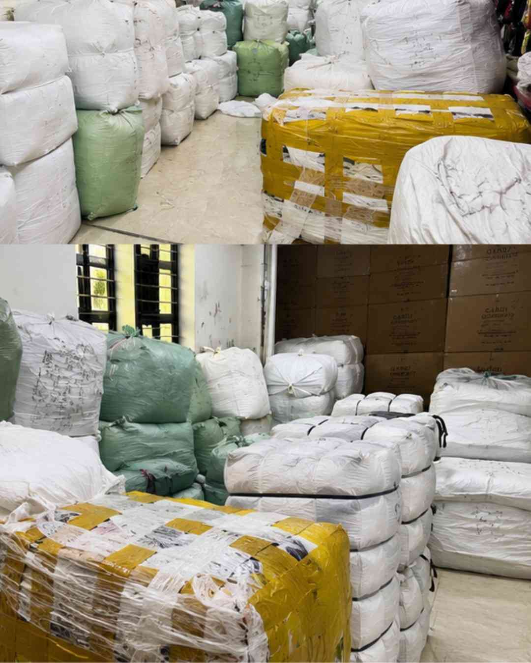 Wholesale garment stock bales and cartons in warehouse